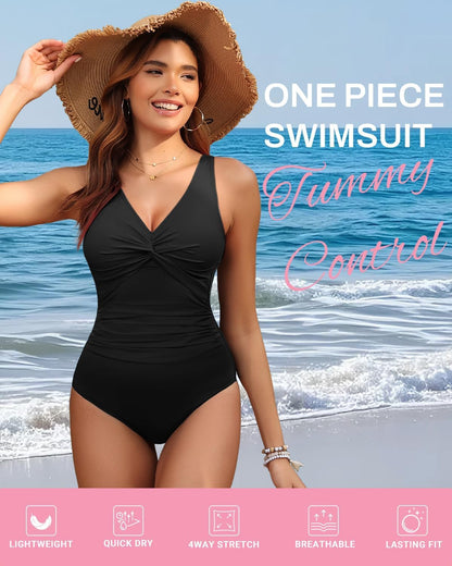 Holipick Black Women Tummy Control One Piece Swimsuit