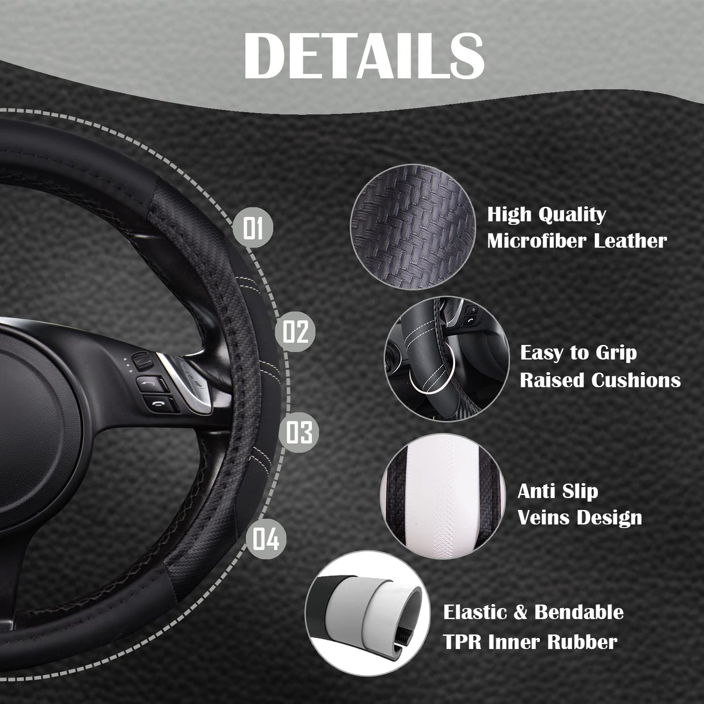 CAR PASS Line Rider Mikrofaser-Leder Sportlicher Lenkradbezug Universal Passend für 95% LKW, SUV, PKW, 36,8-38,1 cm Rutschfest Sicher Bequem Design (Schwarz-Grau)