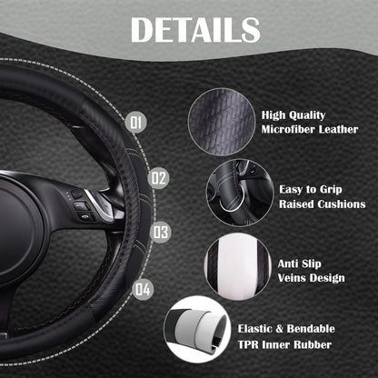 CAR PASS Line Rider Mikrofaser-Leder Sportlicher Lenkradbezug Universal Passend für 95% LKW, SUV, PKW, 36,8-38,1 cm Rutschfest Sicher Bequem Design (Schwarz-Grau)