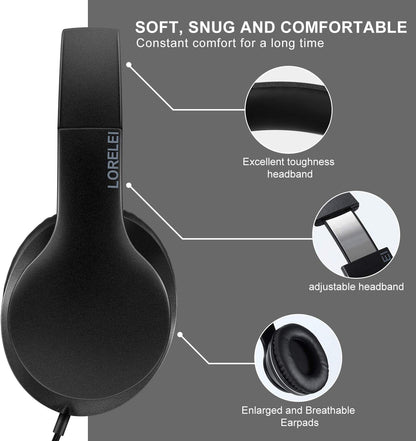 LORELEI X6 Over-Ear Kabelgebundene Stereo-Bass-Kopfhörer mit Mikrofon, Leicht, Faltbar & Portabel mit 1,45M Kabel ohne Verheddern für Smartphone, Tablet, MP3/4, Space Black