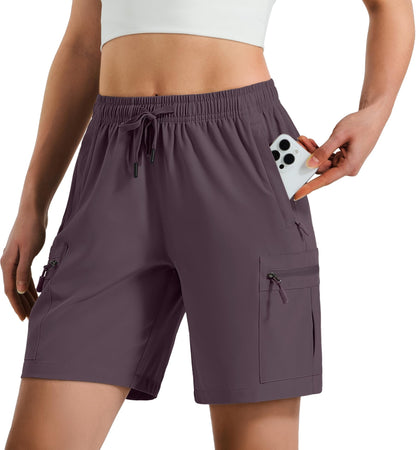 Hugut Women's Lightweight Hiking Cargo Shorts Quick Dry Athletic Shorts Camping Travel Golf Zipper Pockets Water Resistant