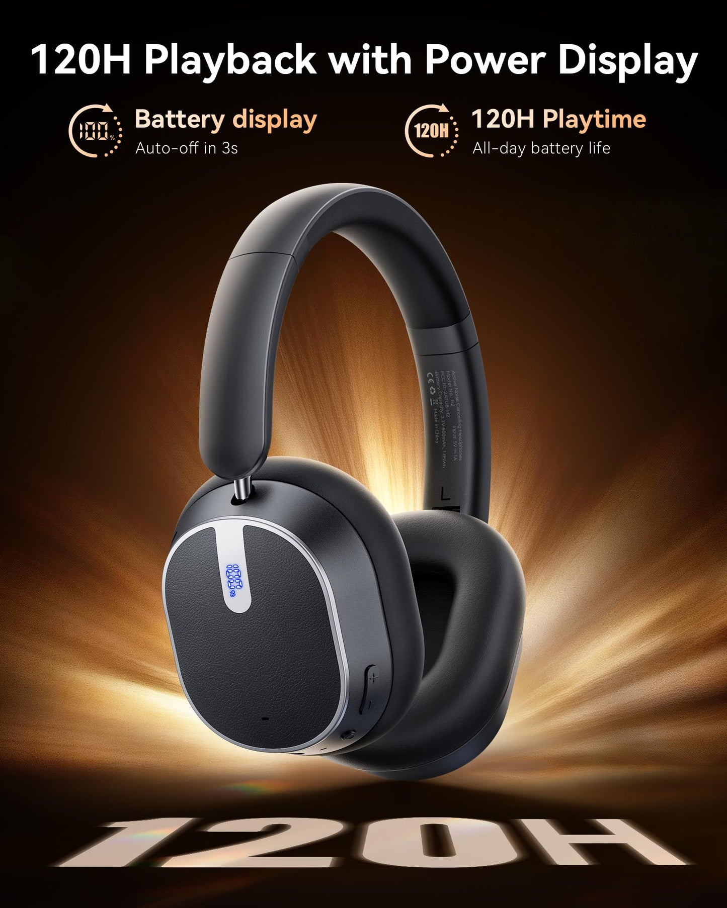 Hybrid Active Noise Cancelling Headphones, 120H Playtime Bluetooth Over Ear Headphones, Bluetooth 6.0 Wireless Headset with Display, 6 ENC Mic, Hi-Res Audio, Transparency Mode for Travel Game Black