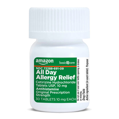 Amazon Basic Care All Day Allergy,Cetirizine Hydrochloride Tablets,10 mg,24-Hour Relief for Sneezing,Runny Nose,Itchy Eyes&Throat,Indoor&Outdoor Allergy Relief,30 Count (Packaging may vary)(Pack of 2)