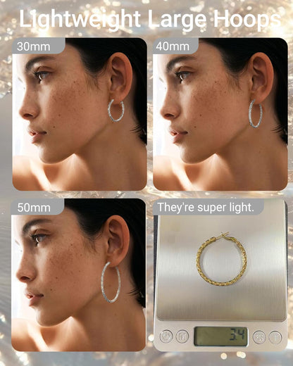 925 Sterling Silver Post Hoop Earrings Lightweight Twisted Hoop Earrings for Women Hypoallergenic Large Hoop Earrings 30/40/50MM