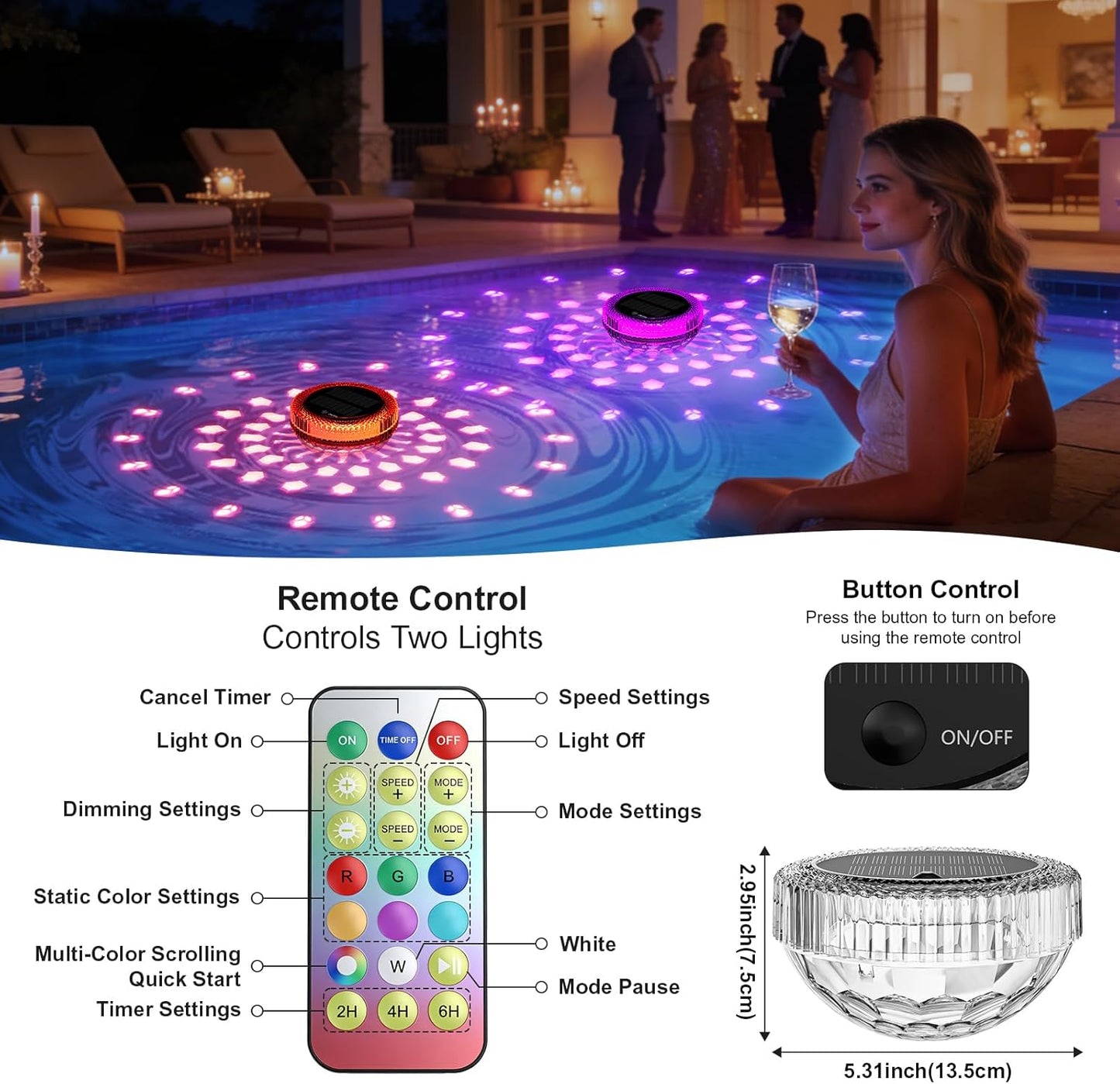 Bsgifts Solar Floating Pool Lights, Outdoor LED Pool Lighted that Float with Remote, IP68 Waterproof Swimming Decor Lighting for Inground Pool, Above Ground Pools, Pond, 2 Pack