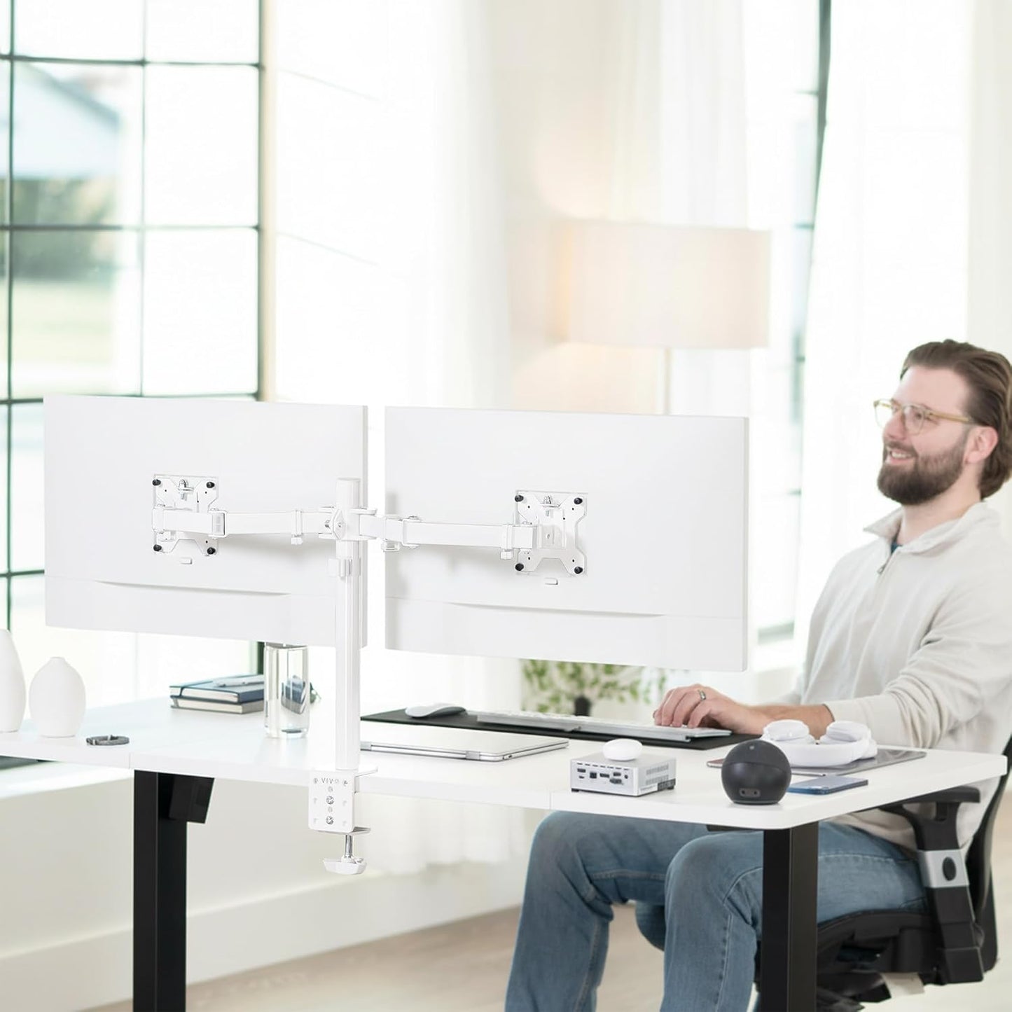 VIVO Dual-Monitor Tischhalterung, für 2 Bildschirme bis zu 30 Zoll und je 10 kg, Hochleistungs-Stahlständer voll verstellbar mit Klemme und Tülle, Schwarz, STAND-V002
