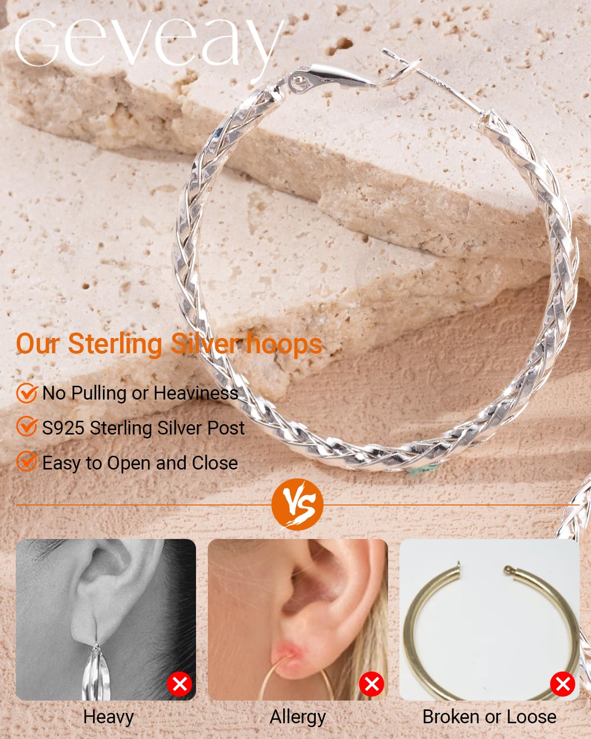 925 Sterling Silver Post Hoop Earrings Lightweight Twisted Hoop Earrings for Women Hypoallergenic Large Hoop Earrings 30/40/50MM