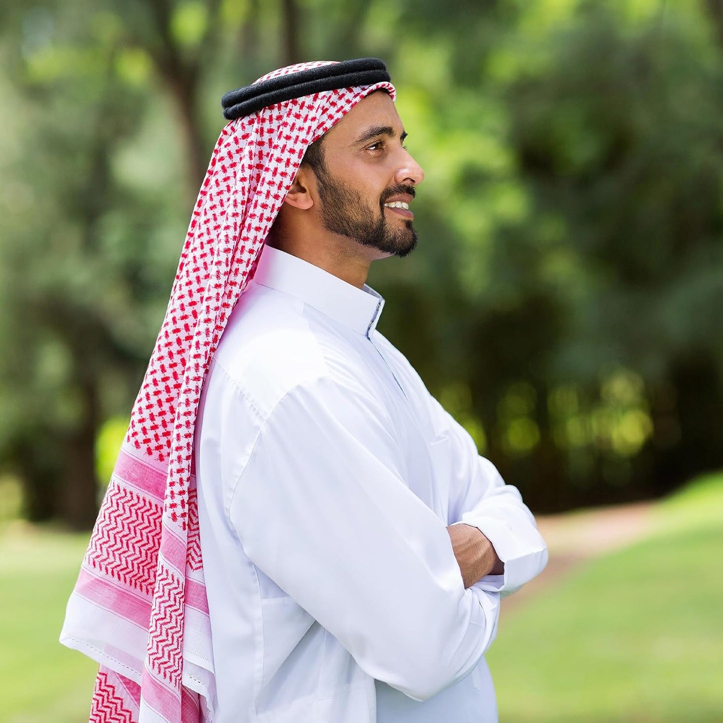 2 Stück Herren Arabisch Shemagh Kopftuch mit Aqel Seil Muslimische Kufiya Keffiyeh Mittelöstliche Kopfbedeckung Mittlerer Osten Wüstenscheich-Tuch Arabisches Kostüm, 55 x 55 Zoll, 2 Muster