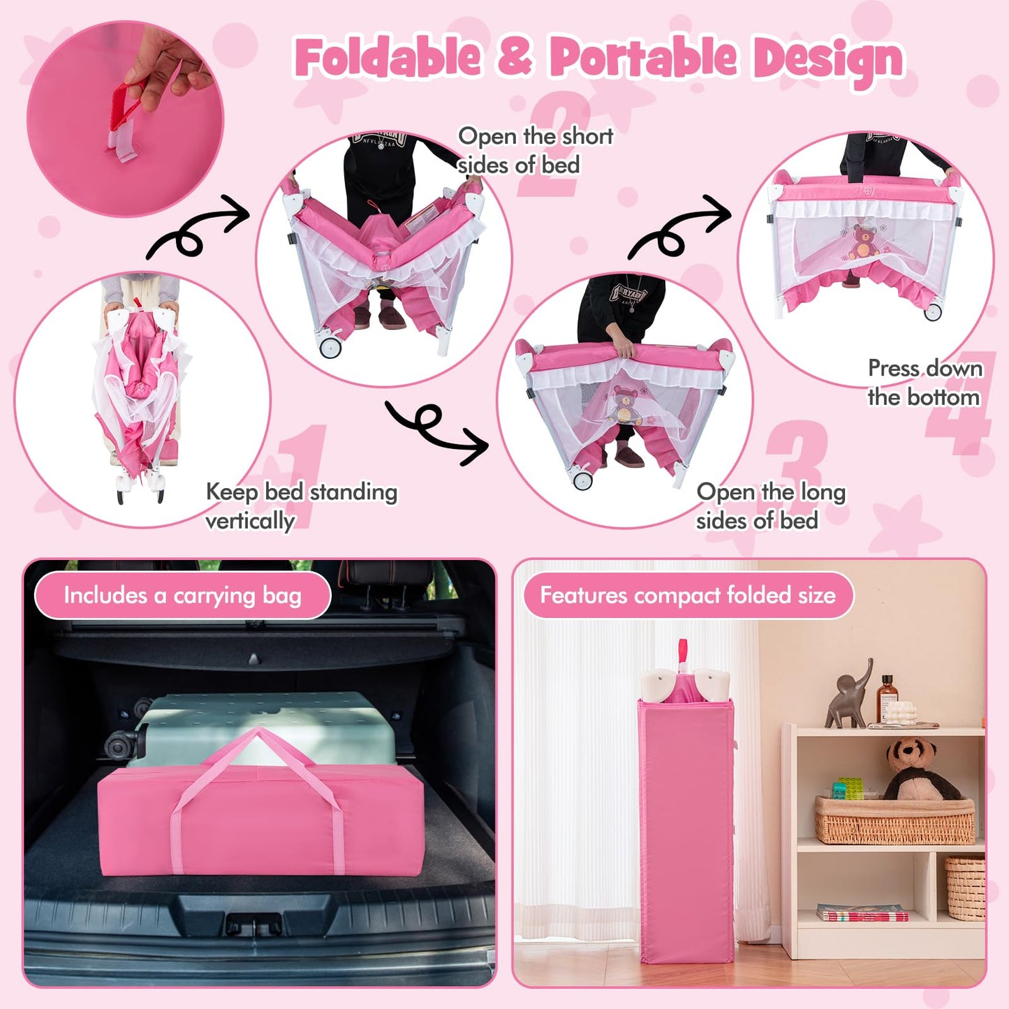 BABY JOY 4 in 1 Pack and Play with Canopy, Portable Baby Playard with Bassinet, Double-Layer Baby Crib, Wheels & Brake, Foldable Baby Girl Pink Bassinet from Newborn to Toddler