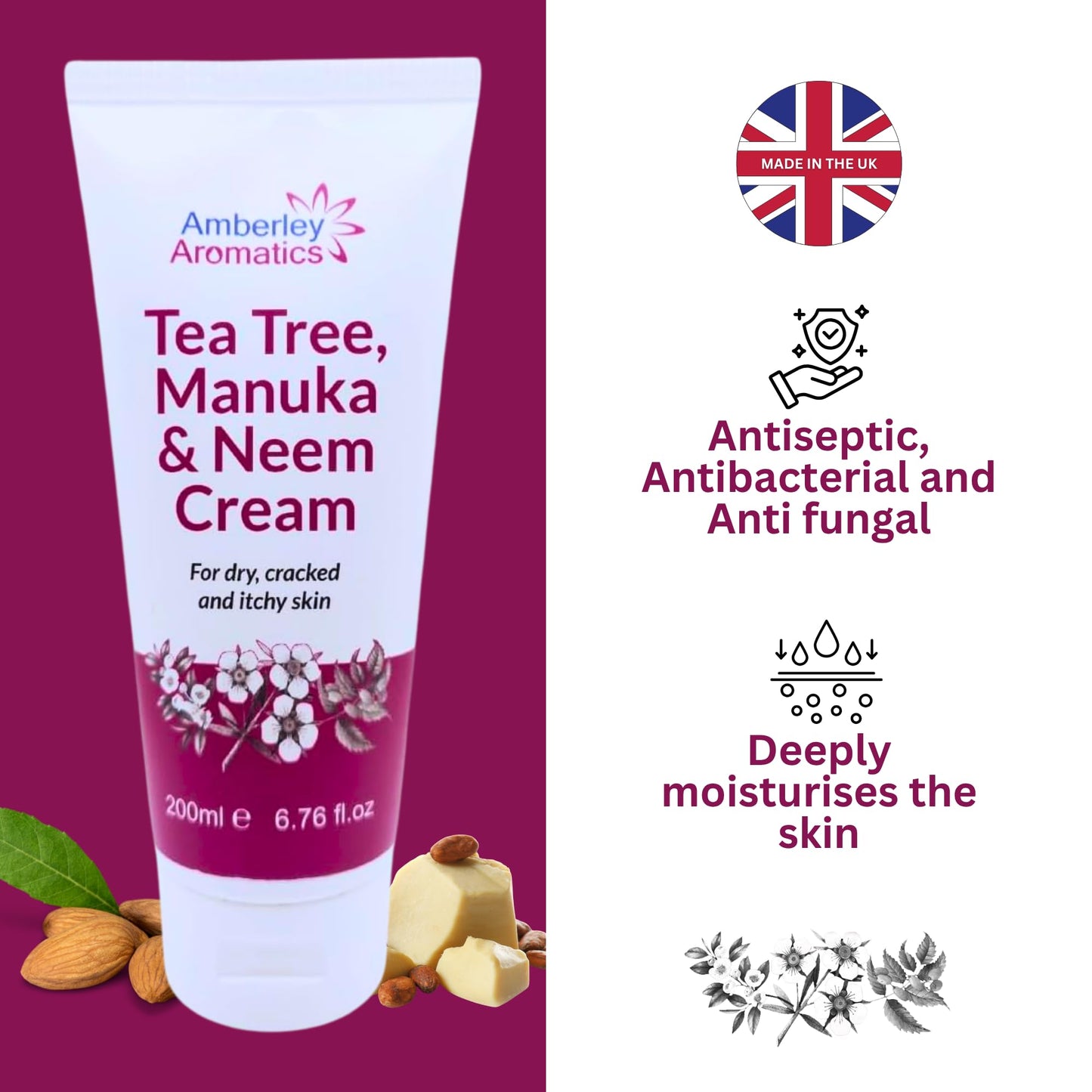 Tea Tree, Manuka & Neem Cream 350ml - Antibacterial, Anti-fungal, Antiseptic, Anti-Itch, Dry, Chapped & Cracked Skin, Eczema, Psoriasis, Jock Itch, Fungal infections. Fast Effective Relief