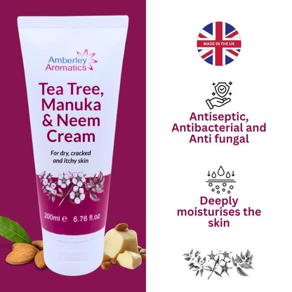 Tea Tree, Manuka & Neem Cream 350ml - Antibacterial, Anti-fungal, Antiseptic, Anti-Itch, Dry, Chapped & Cracked Skin, Eczema, Psoriasis, Jock Itch, Fungal infections. Fast Effective Relief