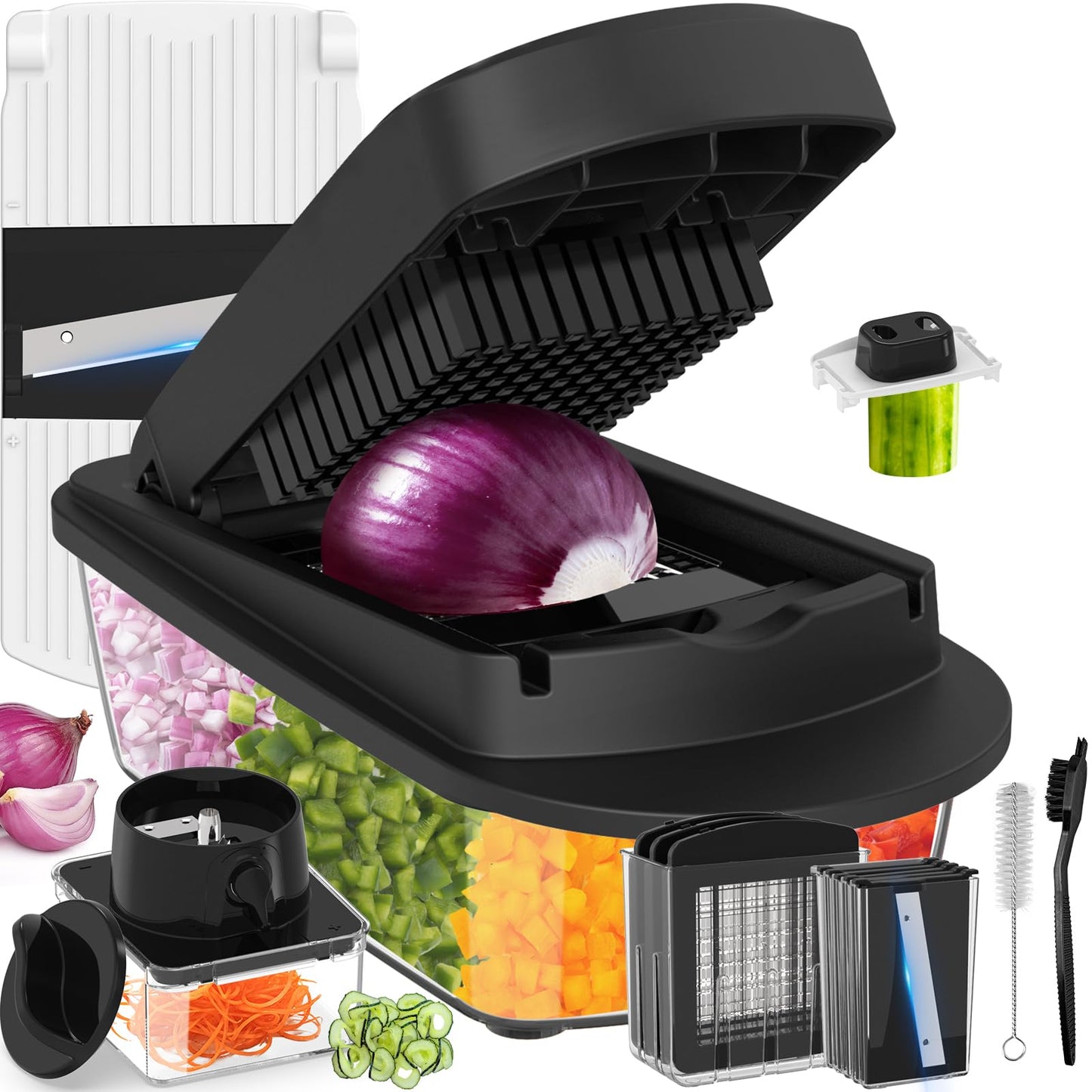 8 Blade All-in-1 Vegetable Chopper Mandoline Slicer with Container, Food Chopper, Onion Chopper, Veggie Cutter for Salad, Kitchen Gadgets Accessories Essentials, White