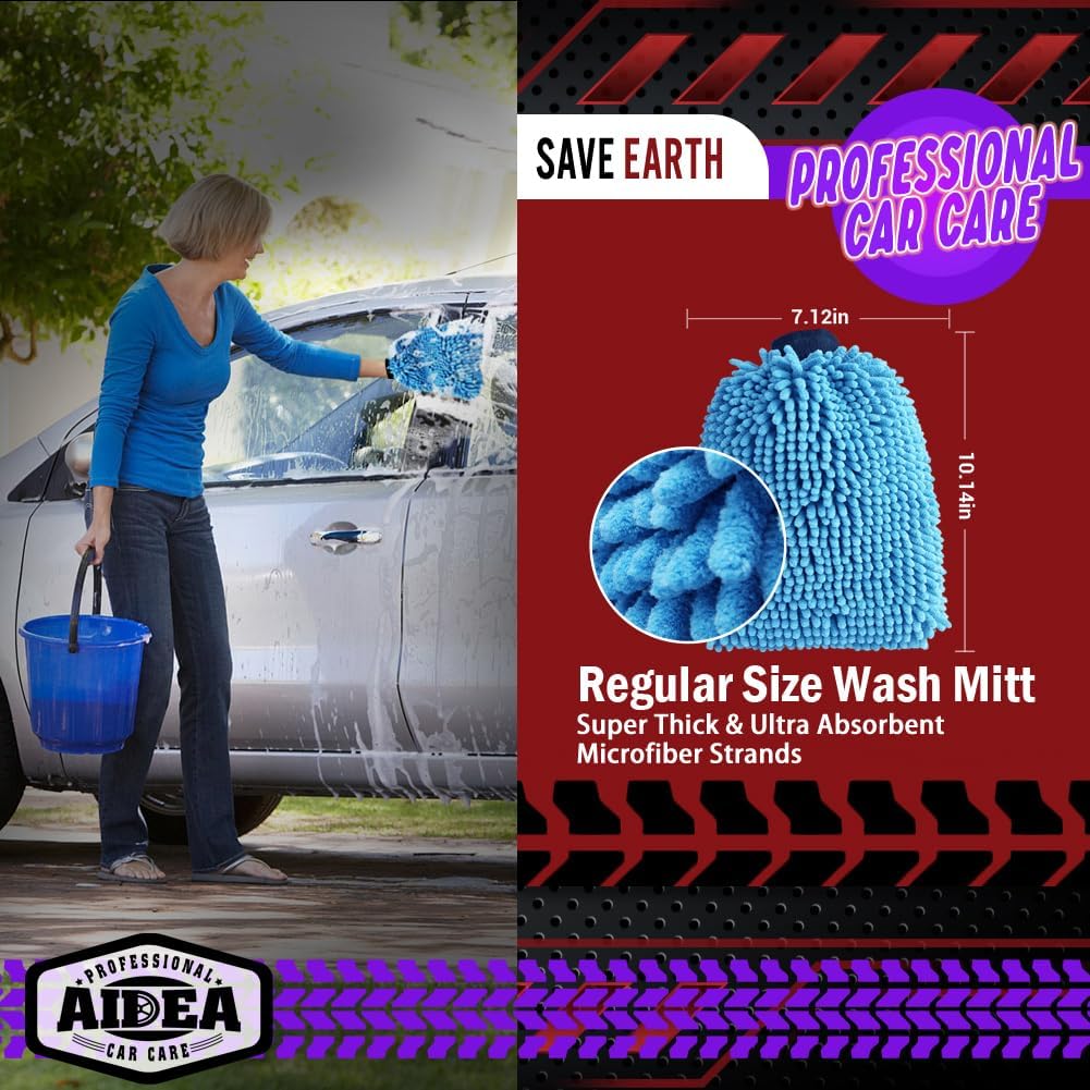 AIDEA Auto Waschhandschuh Mikrofaser, 2er Pack Kratzfrei Fusselfrei, Premium Chenille Mikrofaser Waschhandschuh Auto Waschbürste, Grün, Reguläre Größe 18,08 cm x 25,76 cm