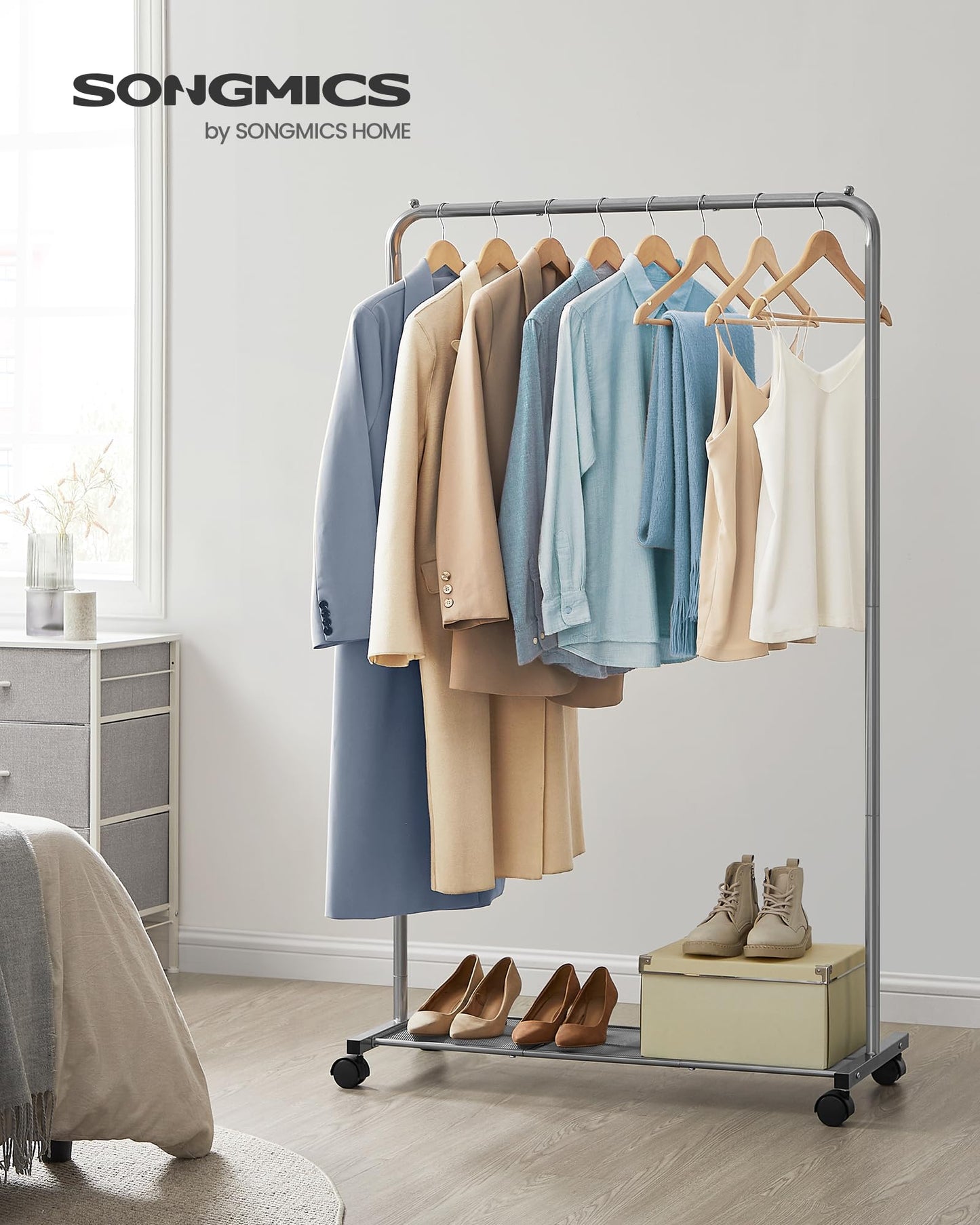 SONGMICS Clothes Rack with Wheels, Clothing Rack for Hanging Clothes, 25.4 mm Metal Garment Rack with Dense Mesh Storage Shelf, 110 lb Load Capacity, 2 Brakes, Black UHSR25BK