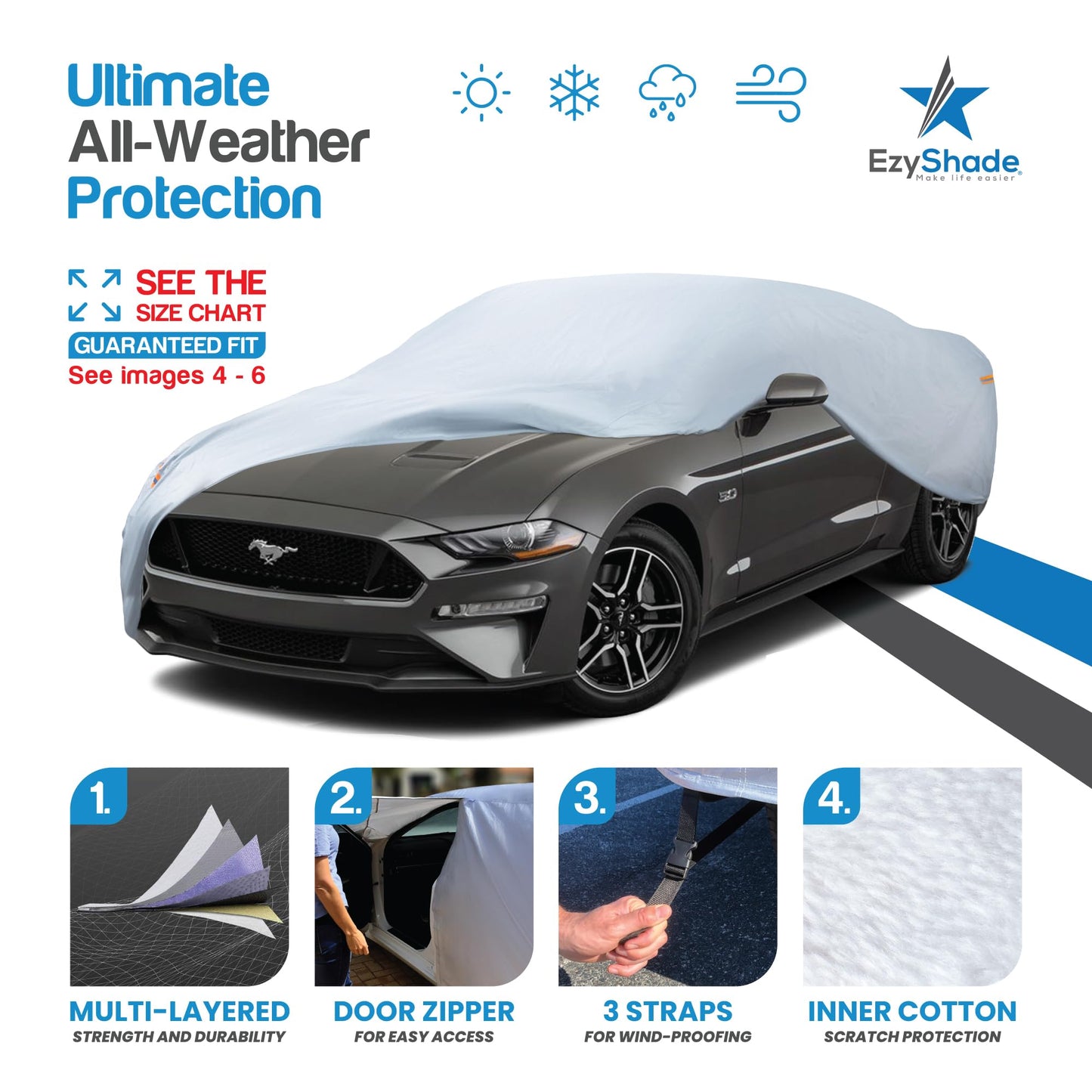 EzyShade 10-Schicht Autoabdeckung Wasserdicht Allwetter - Siehe Fahrzeug-Größentabelle - Autoabdeckungen für Automobile & Auto Schneeabdeckung - Komplette Außenabdeckungen - Winter Regen Sonne SUV Limousine. Größe A4 (Siehe Größentabelle)