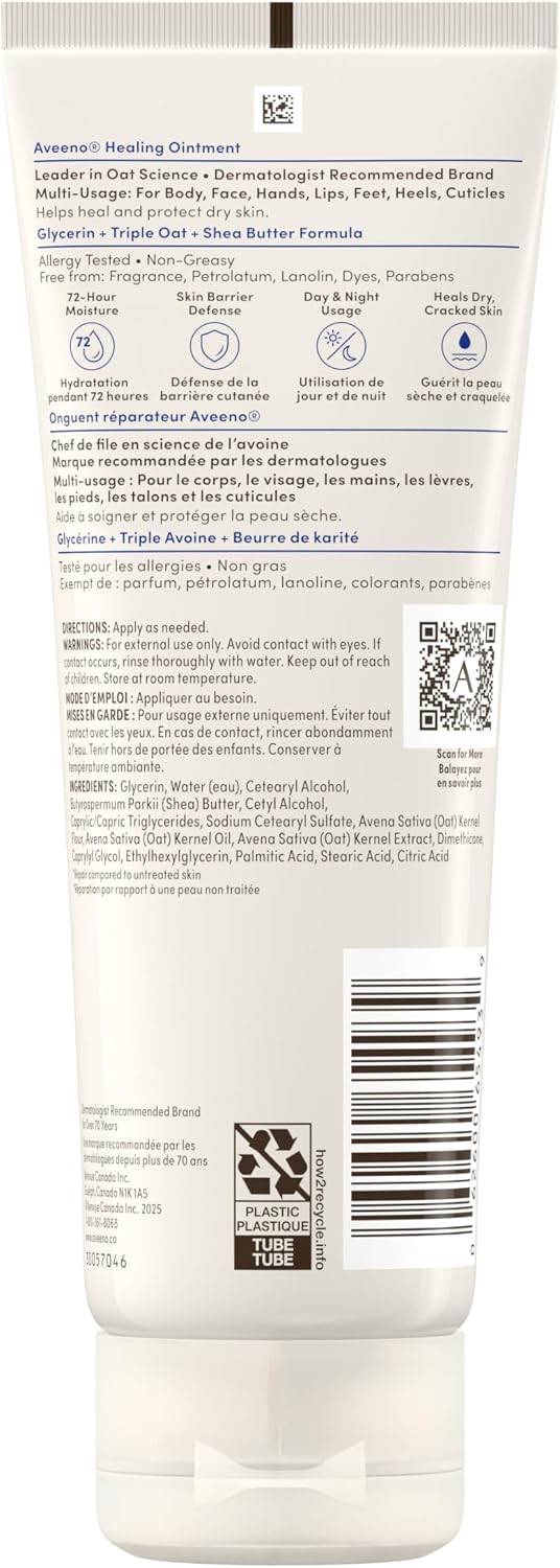 Aveeno Healing Ointment, for Extra Dry, Cracked & Sensitive Skin, 72-Hour dry skin protectant with Triple Oat, Shea Butter & Glycerin, Fragrance-Free for Body, Face, Hands, Lips 204g