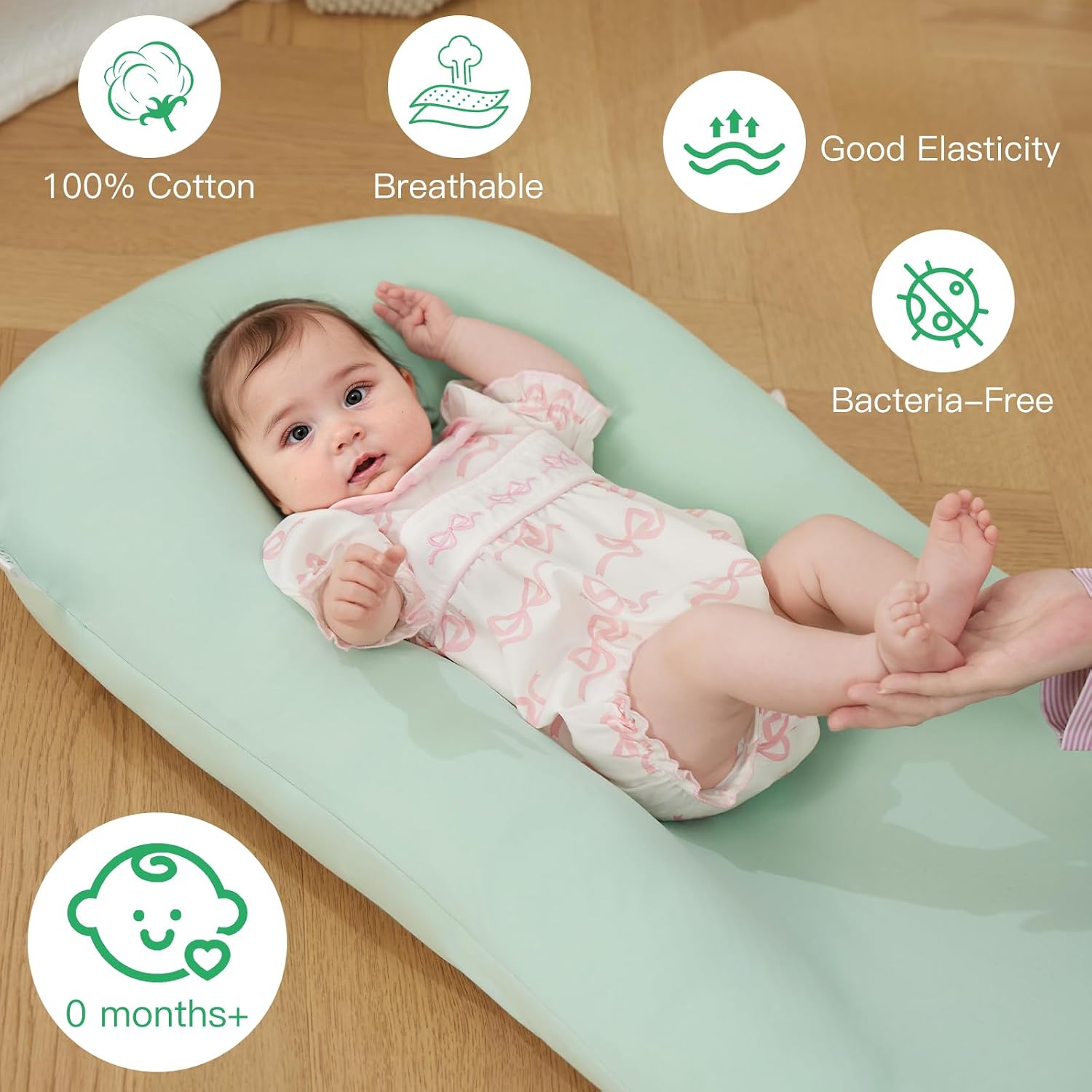 Lucakuins Baby Lounger, Bionic Design Baby Lounger for Newborn 0-24 Months, Soft Organic Cotton Breathable Lounger for Infants (Lovely Green)