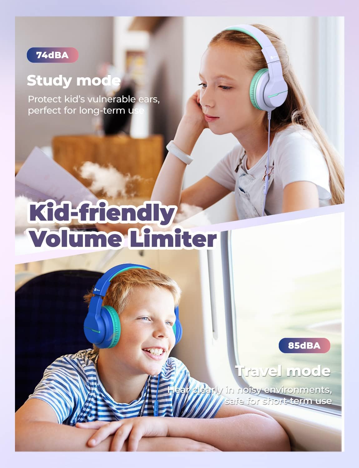 iClever Kinderkopfhörer für Schule und Reisen, sichere Lautstärkebegrenzung, HD-Mikrofon, Stereo-Sound Over-Ear-Kopfhörer für Mädchen und Jungen, FunShare Faltbar, 3,5 mm kabelgebunden für iPad Computer, HS19