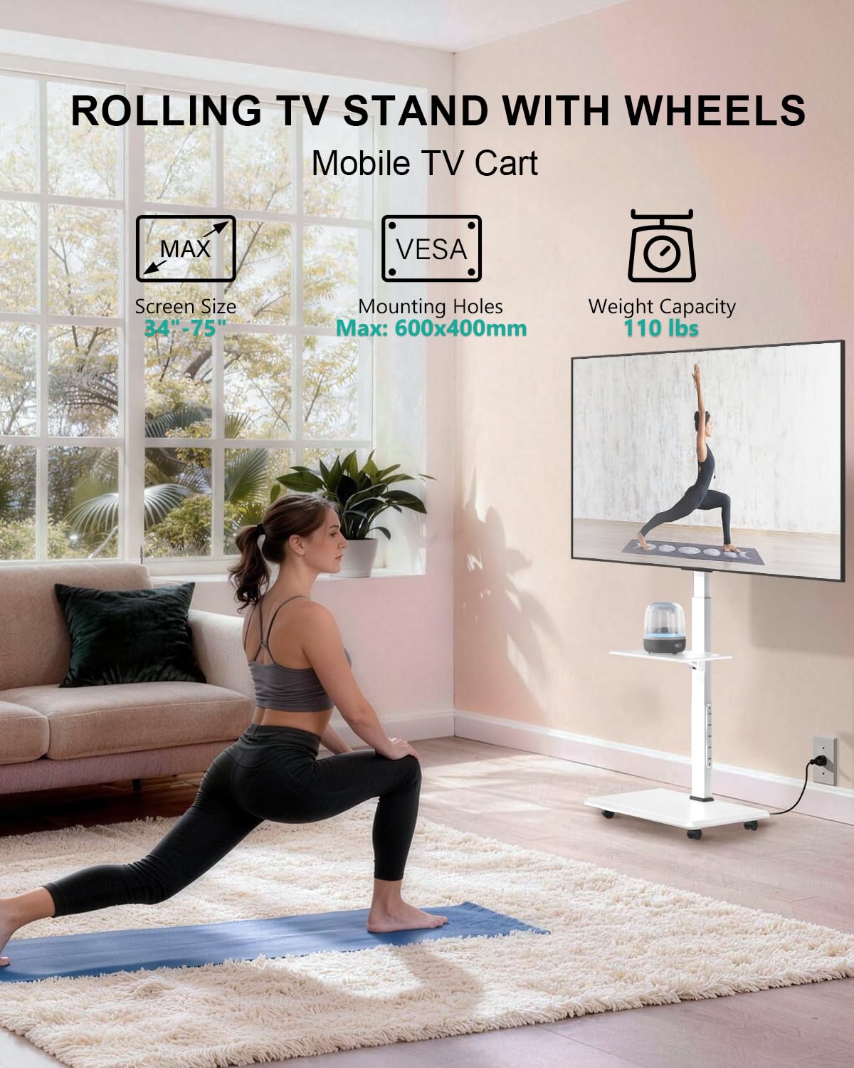WALI Rolling TV Stand with Power Outlet & AV Shelf, Mobile Tall TV Stand Mount on Wheels for 34-75 inch TV up to 110 lbs, Swivel Height Adjustable TV Cart with Wood Base for Bedroom(TVDVD-6PRW), White