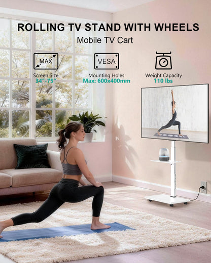 WALI Rolling TV Stand with Power Outlet & AV Shelf, Mobile Tall TV Stand Mount on Wheels for 34-75 inch TV up to 110 lbs, Swivel Height Adjustable TV Cart with Wood Base for Bedroom(TVDVD-6PRW), White