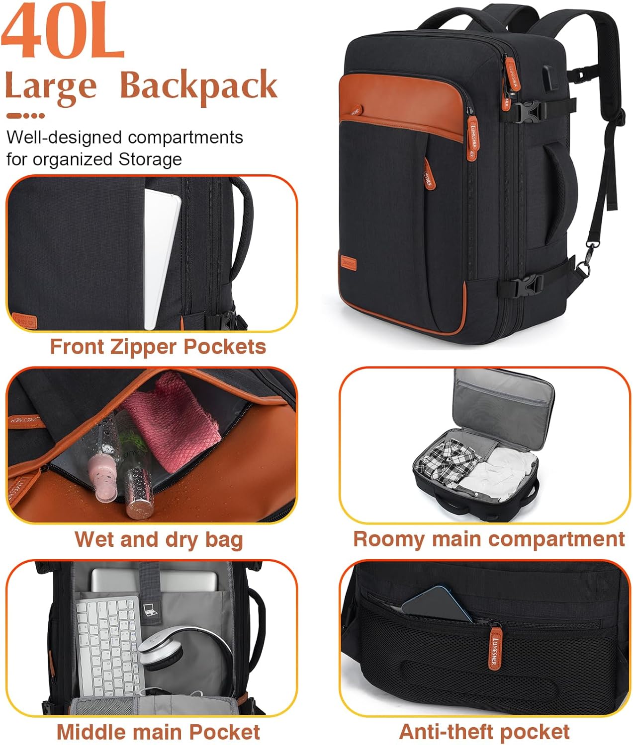 Lumesner Handgepäck Rucksack, extra großer 40L Flugzugelassener Reiserucksack für Damen & Herren