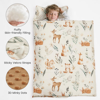 PHF Toddler Nap Mat with Removable Pillow and Minky Blanket, Rollup Design Kids Sleeping Mat, Slumber Bags for Boys, 55"x23" Toddler Sleeping Bag for Daycare Preschool Travel Camping, Space