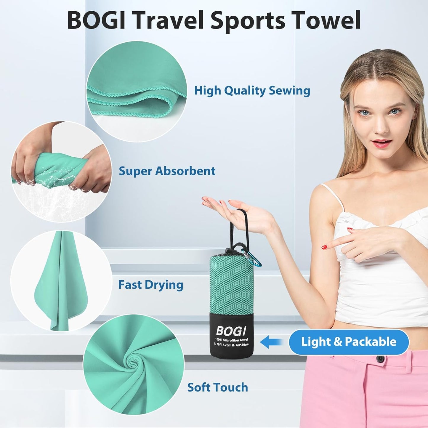 BOGI Mikrofaser Reise-Sporthandtuch – Schnelltrocknendes Handtuch, weiches, leichtes Mikrofaser Campinghandtuch, saugfähiges, kompaktes Reisehandtuch für Camping, Fitnessstudio, Strand, Bad, Yoga, Schwimmen, Rucksacktouren (M:40''x20''-Dunkelblau)