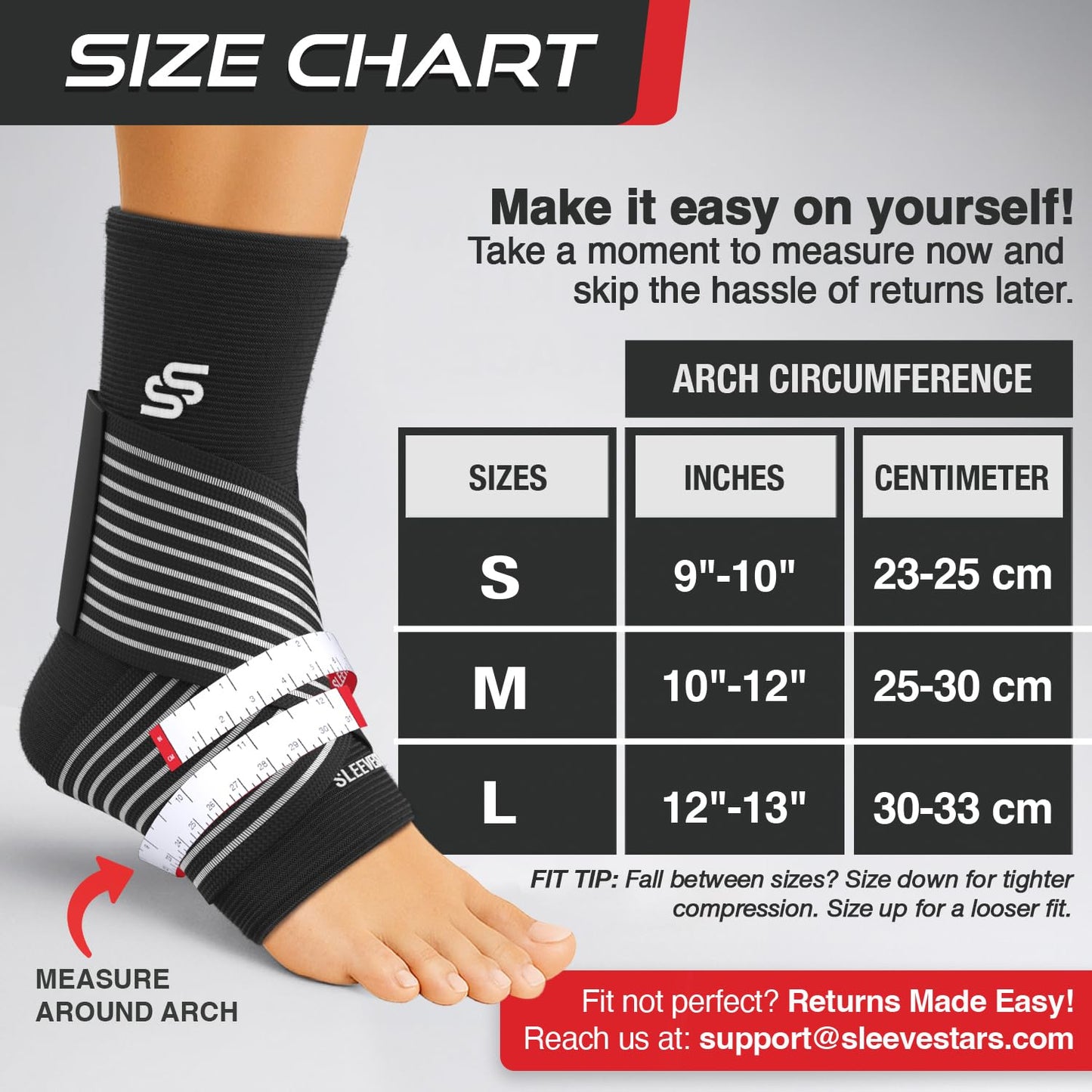 Sleeve Stars Knöchelbandage für Damen & Herren, Knöchelwickel für Verstauchungen, Kompressionsmanschette zur Linderung von Plantarfasziitis, Leicht anpassbare Unterstützung: mit abnehmbarem Gurt (Einzeln/M:25-30cm/Schwarz)