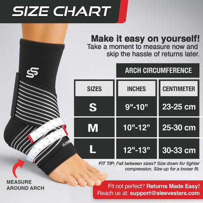 Sleeve Stars Knöchelbandage für Damen & Herren, Knöchelwickel für Verstauchungen, Kompressionsmanschette zur Linderung von Plantarfasziitis, Leicht anpassbare Unterstützung: mit abnehmbarem Gurt (Einzeln/M:25-30cm/Schwarz)