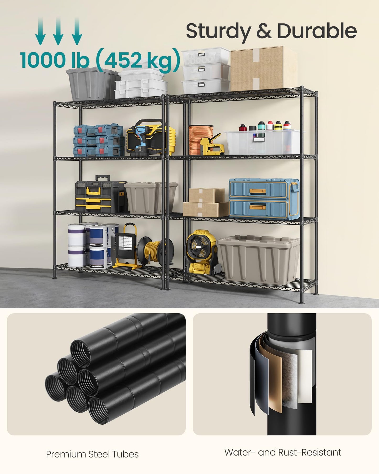 SONGMICS Storage Shelf, Small Metal Wire Shelving Unit, Adjustable Shelves, for Small Spaces, Garage, Bedroom, Living Room, Kitchen, Pantry, 5 Tier, 11.8 x 11.8 x 47.6 Inches, Ink Black ULGR123BH01