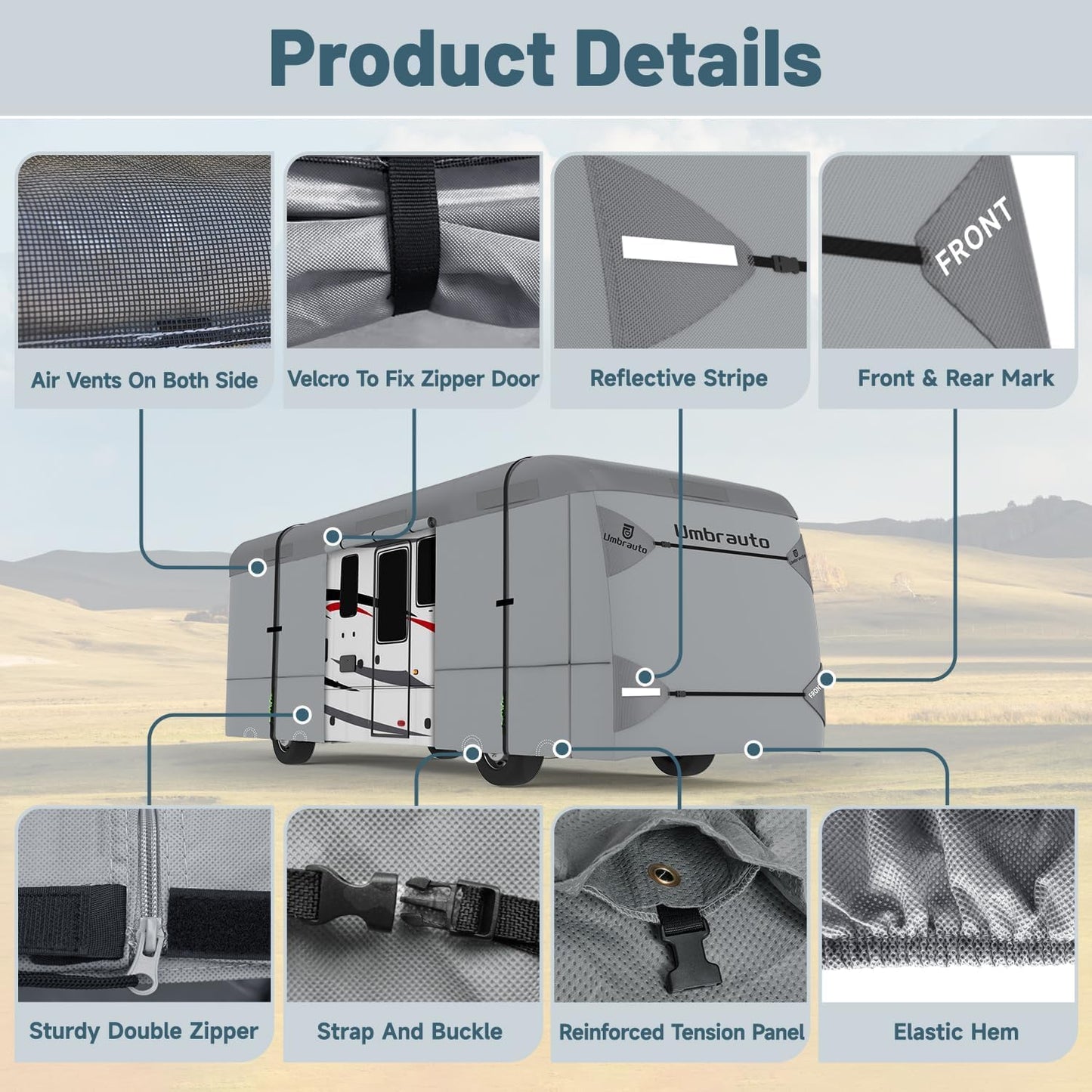 Umbrauto Class C RV Cover Fits 29-32’, Class C Motorhome Camper Cover, Heavy Duty 7 Layers Top Windproof Breathable RV Cover with 3Pcs Extra Straps, Adhesive Repair Patches, 6 Gutter Covers