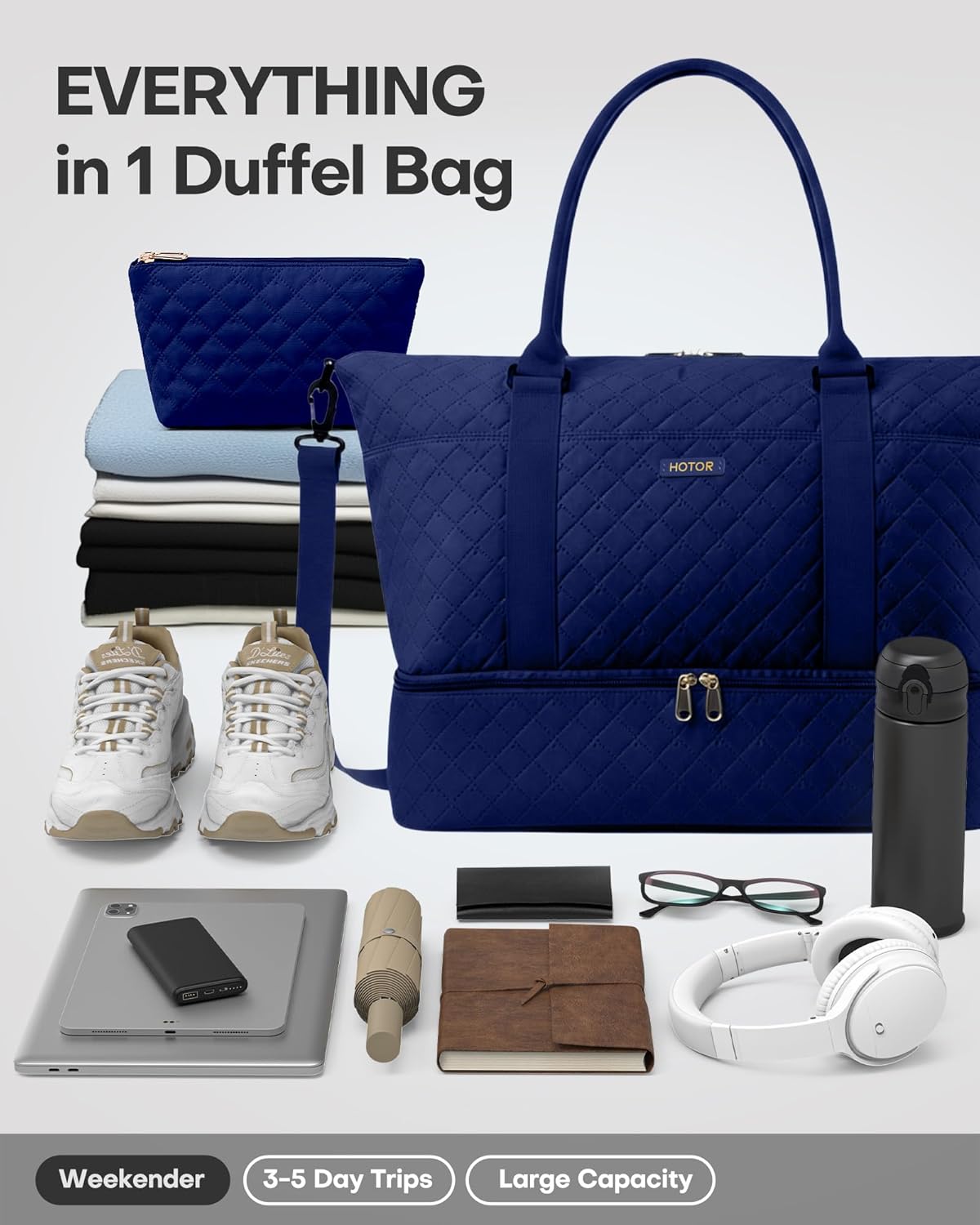 HOTOR Reisetasche - Große Weekender-Tasche für Frauen, Handgepäck mit Schuhfach, Übernachtungstasche mit Kulturtasche für Reiseutensilien und Reisezubehör, Schwarz, 34,0 x 45,0 x 20,0 cm