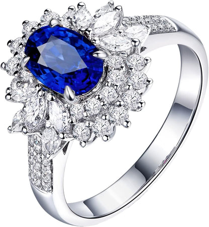 AMDXD 18K White Gold Rings for Women, Luxury Flower Rings for Girls Blue Sapphire 1.8ct with White Diamond Womens Ring, 9, 18K white gold, cubic-zirconia