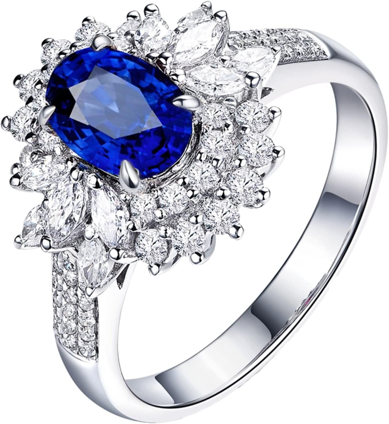 AMDXD 18K White Gold Rings for Women, Luxury Flower Rings for Girls Blue Sapphire 1.8ct with White Diamond Womens Ring, 8, 18K white gold, Cubic Zirconia