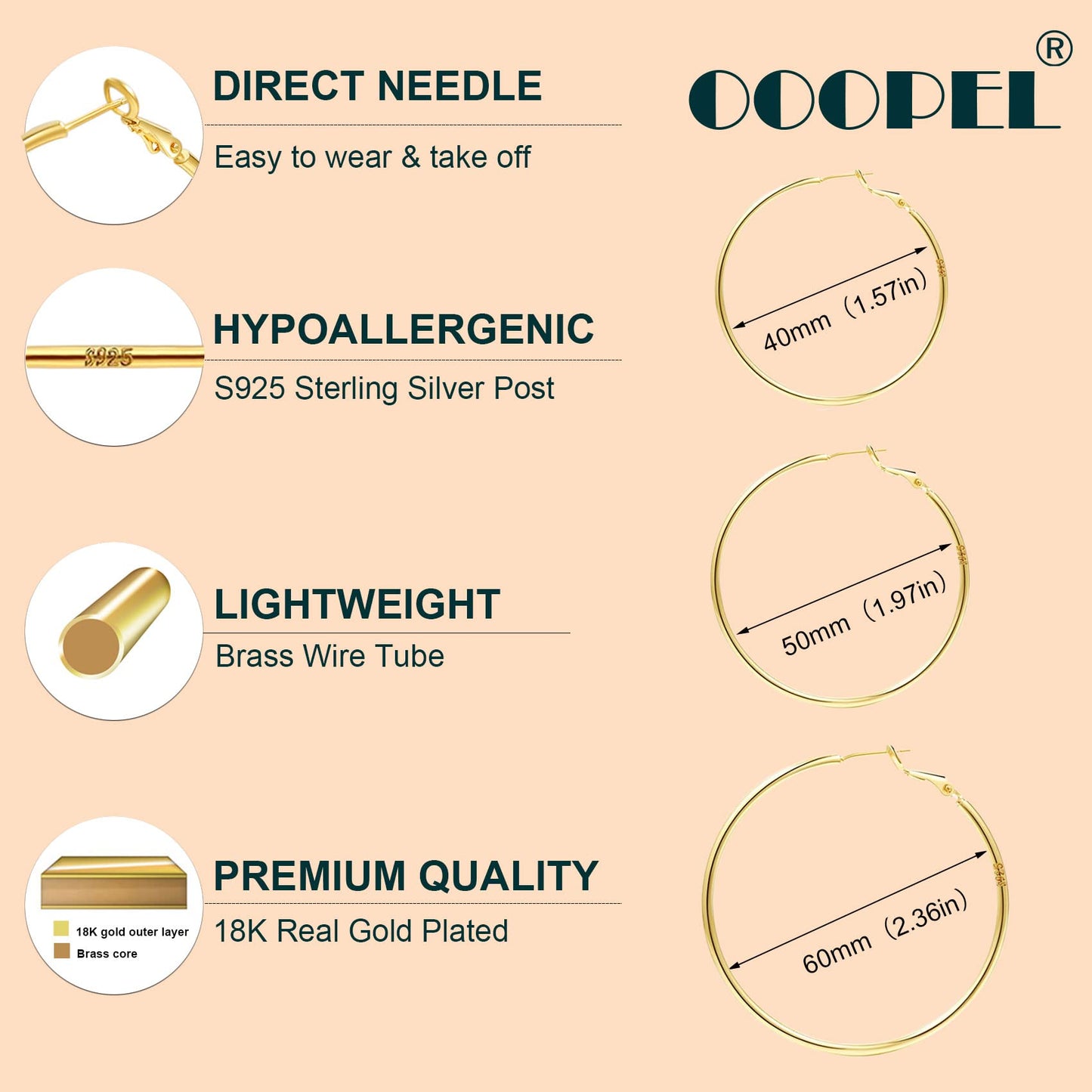 Große Gold Creolen für Frauen, Hypoallergene Dünne Gold Creolen, Sterling Silber Creolen für Damen, Extra Große, Mittelgroße, Große Creolen