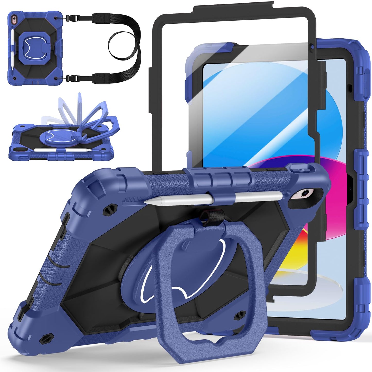 Case for iPad A16 11th Generation 11 Inch 2025, Auorld for iPad 10th Generation 10.9 inch 2022 case with Screen Protector, 360 Degree Rotating Stand Shoulder Strap Pencil Holder, Navy Pink