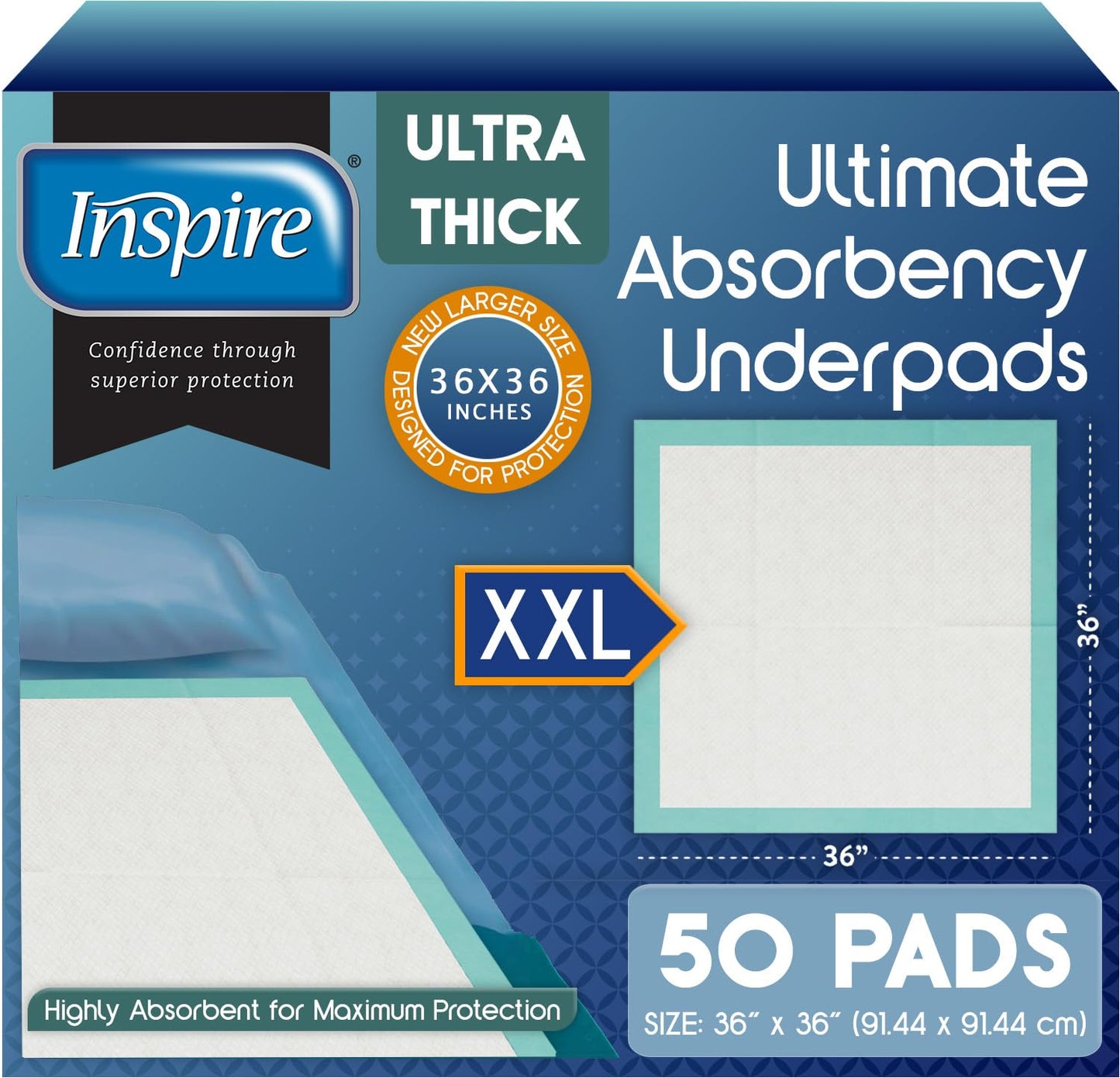 Inspire Super Absorbent Disposable Bed Pads for Chronic Incontinence Ultra Thick and Absorbent Bed Pads Disposable Adult | Pee Pads for Adults (36" X 36" Pack of 50) XX Large