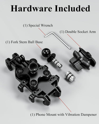 BRCOVAN Motorcycle Fork Stem Phone Mount with Vibration Dampener | Heavy Duty Cellphone Holder Fit Stem Tubes 12mm-25.4mm in Diameter, Adjustable for 5.4 - 6.9'' Smartphone