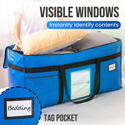 TAILI 69 Gallon Extra Large Storage Bags, XXL Blue Heavy Duty Moving Bags For Storage with Visible Window, Wrap Around Handles, Totes for Space Saving, Alternative to Moving Boxes (2 Pack)