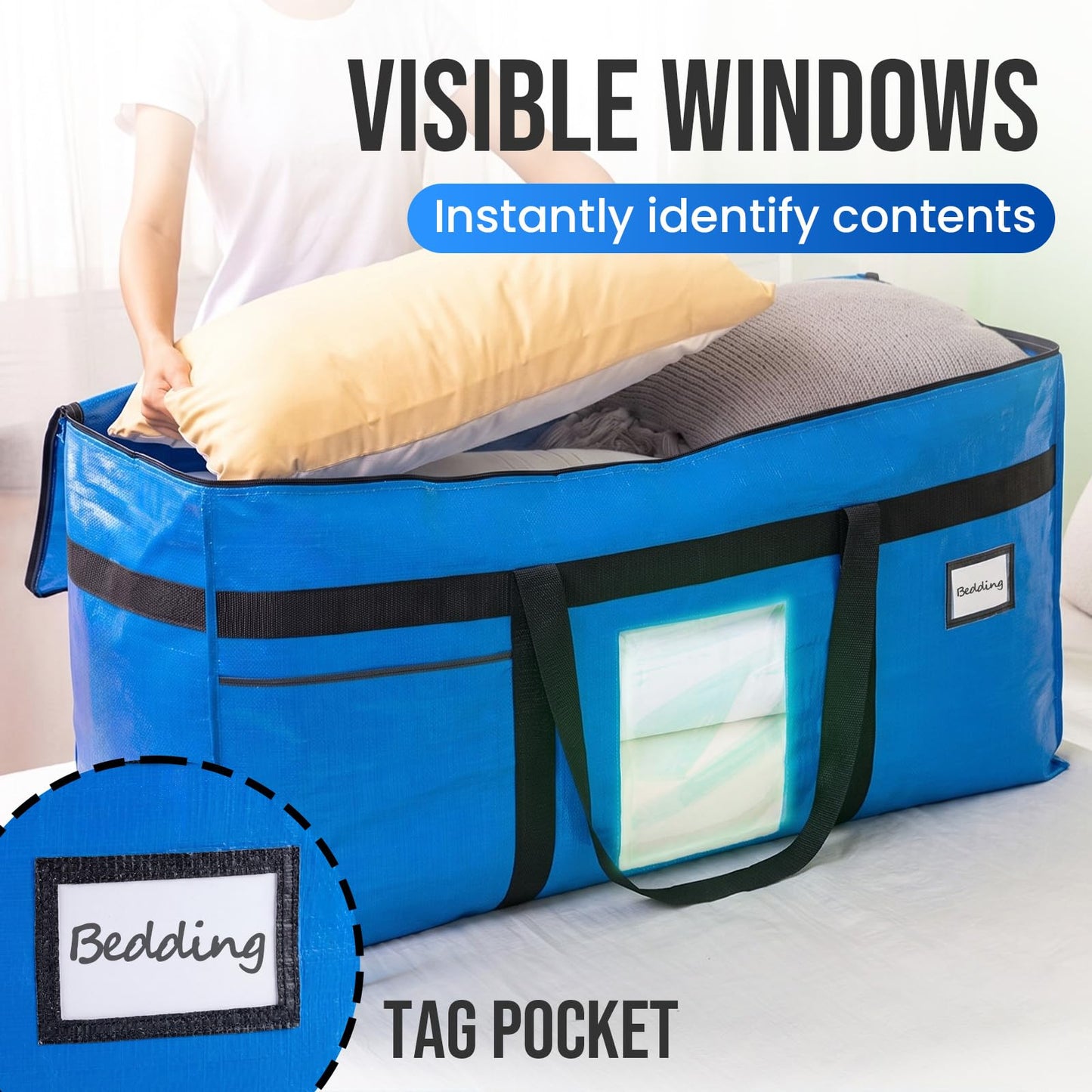 TAILI 69 Gallon Extra Large Storage Bags, XXL Blue Heavy Duty Moving Bags For Storage with Visible Window, Wrap Around Handles, Totes for Space Saving, Alternative to Moving Boxes (2 Pack)