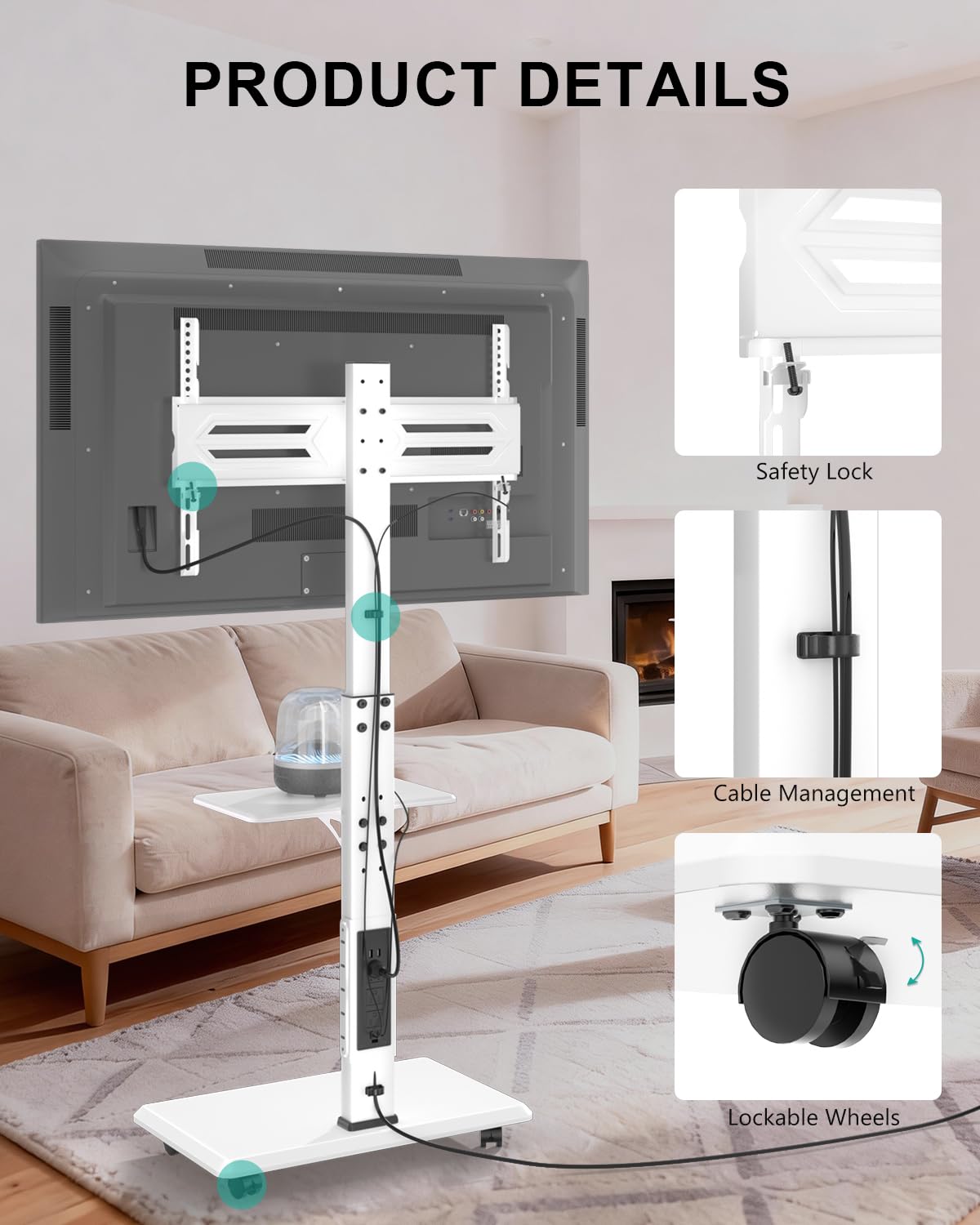 WALI Rolling TV Stand with Power Outlet & AV Shelf, Mobile Tall TV Stand Mount on Wheels for 34-75 inch TV up to 110 lbs, Swivel Height Adjustable TV Cart with Wood Base for Bedroom(TVDVD-6PRW), White
