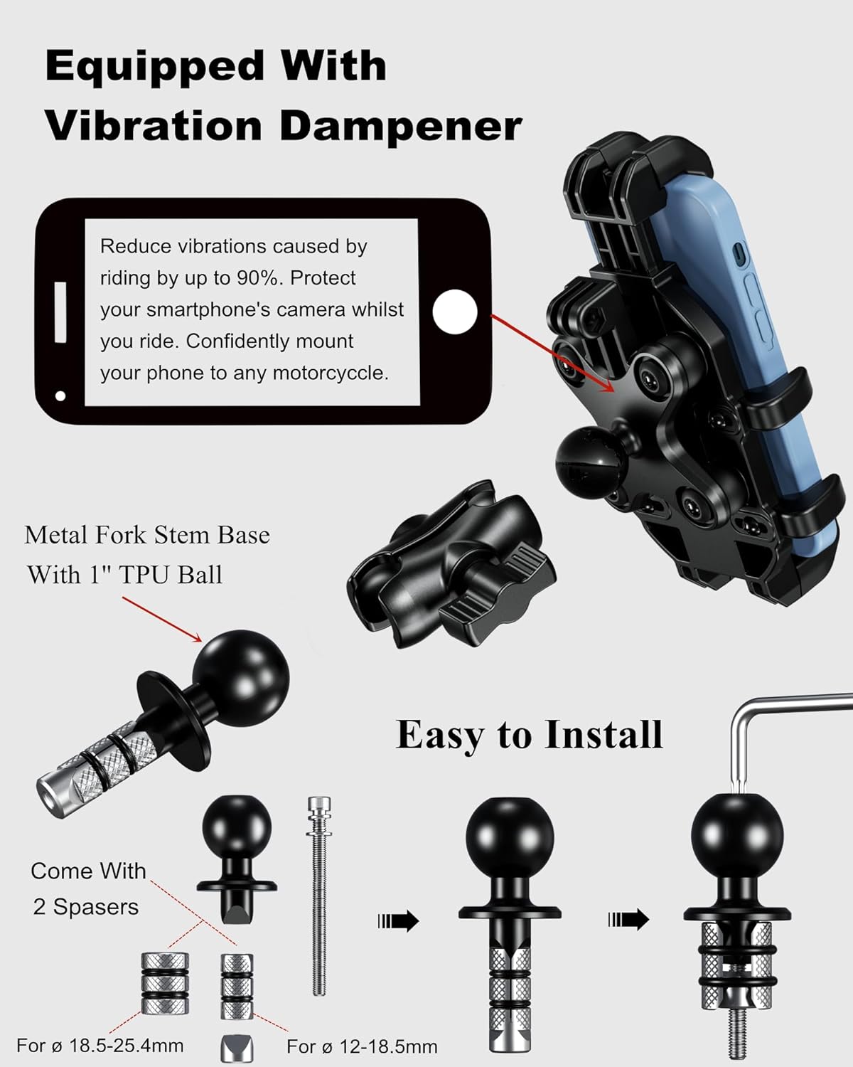 BRCOVAN Motorcycle Fork Stem Phone Mount with Vibration Dampener | Heavy Duty Cellphone Holder Fit Stem Tubes 12mm-25.4mm in Diameter, Adjustable for 5.4 - 6.9'' Smartphone