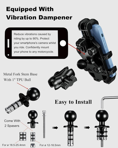 BRCOVAN Motorcycle Fork Stem Phone Mount with Vibration Dampener | Heavy Duty Cellphone Holder Fit Stem Tubes 12mm-25.4mm in Diameter, Adjustable for 5.4 - 6.9'' Smartphone