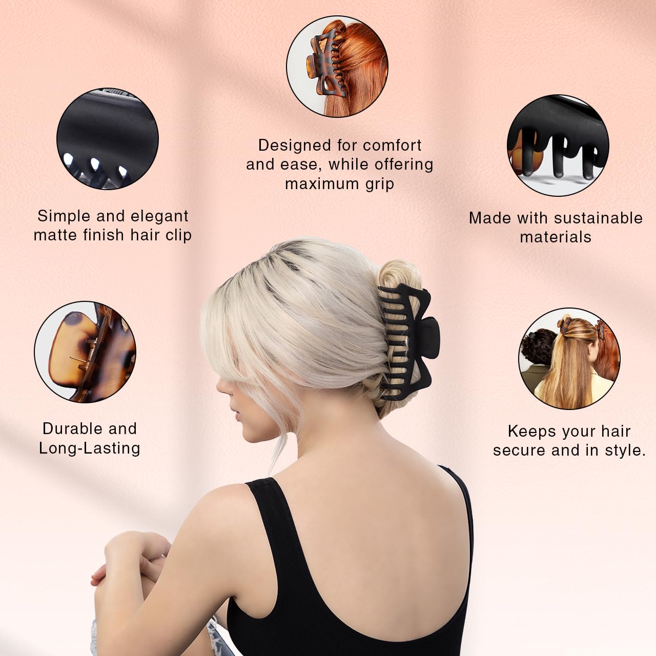 Kitsch Mittelgroße Haarspangen für Damen, starker Halt, Haarclips aus recyceltem Kunststoff für dickes Haar | Ideal für Hochsteckfrisuren, halb offene Frisuren | Ideale Geschenke für Frauen – 2 Stück, Schwarz und Schildpatt