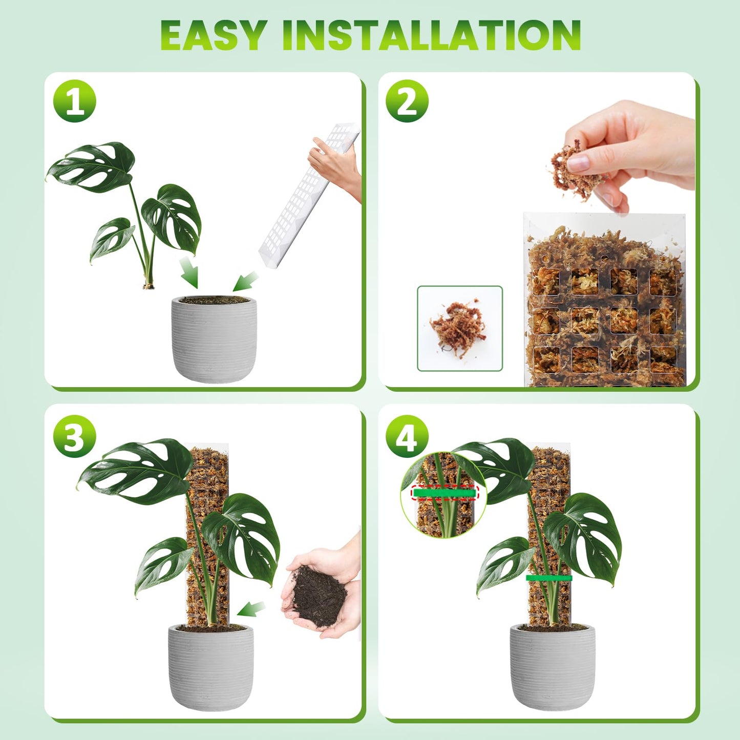 EOX 4 Pcs 24 Inch Plastic Moss Pole for Monstera, Large D Shaped Poles for Climbing Plants Work with Sphagnum Moss, 90 Inch Plant Stake Set of 4, Garden Ties