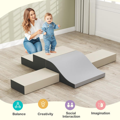 Olakids Toddler Climbing Toys Indoor, 10 Pieces Baby Foam Blocks Soft Play Set with PU Leather, Kids Climb Crawling Activity Gym Playground for 1+ Years (Brown)