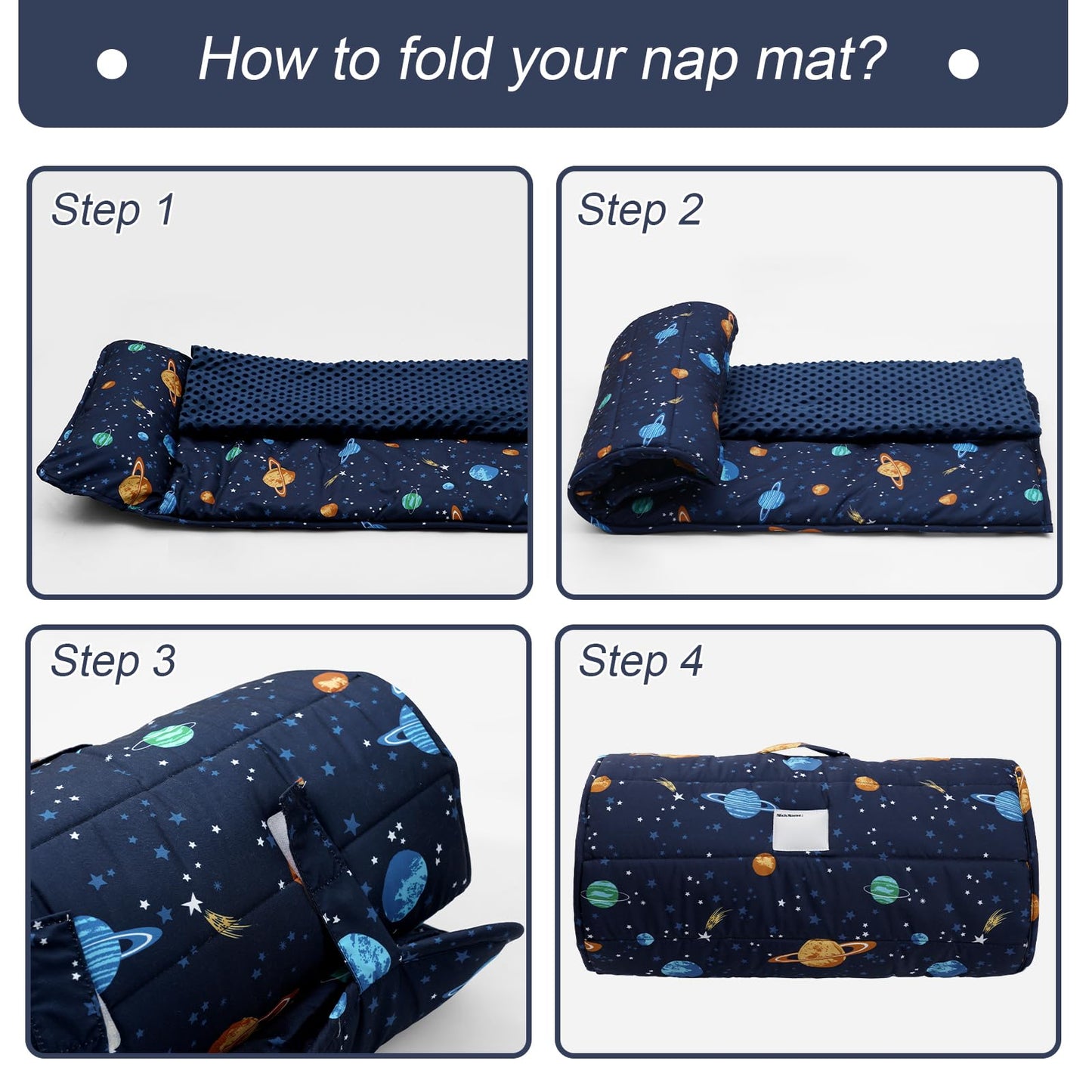 PHF Toddler Nap Mat with Removable Pillow and Minky Blanket, Rollup Design Kids Sleeping Mat, Slumber Bags for Boys, 55"x23" Toddler Sleeping Bag for Daycare Preschool Travel Camping, Space