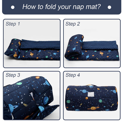 PHF Toddler Nap Mat with Removable Pillow and Minky Blanket, Rollup Design Kids Sleeping Mat, Slumber Bags for Boys, 55"x23" Toddler Sleeping Bag for Daycare Preschool Travel Camping, Space