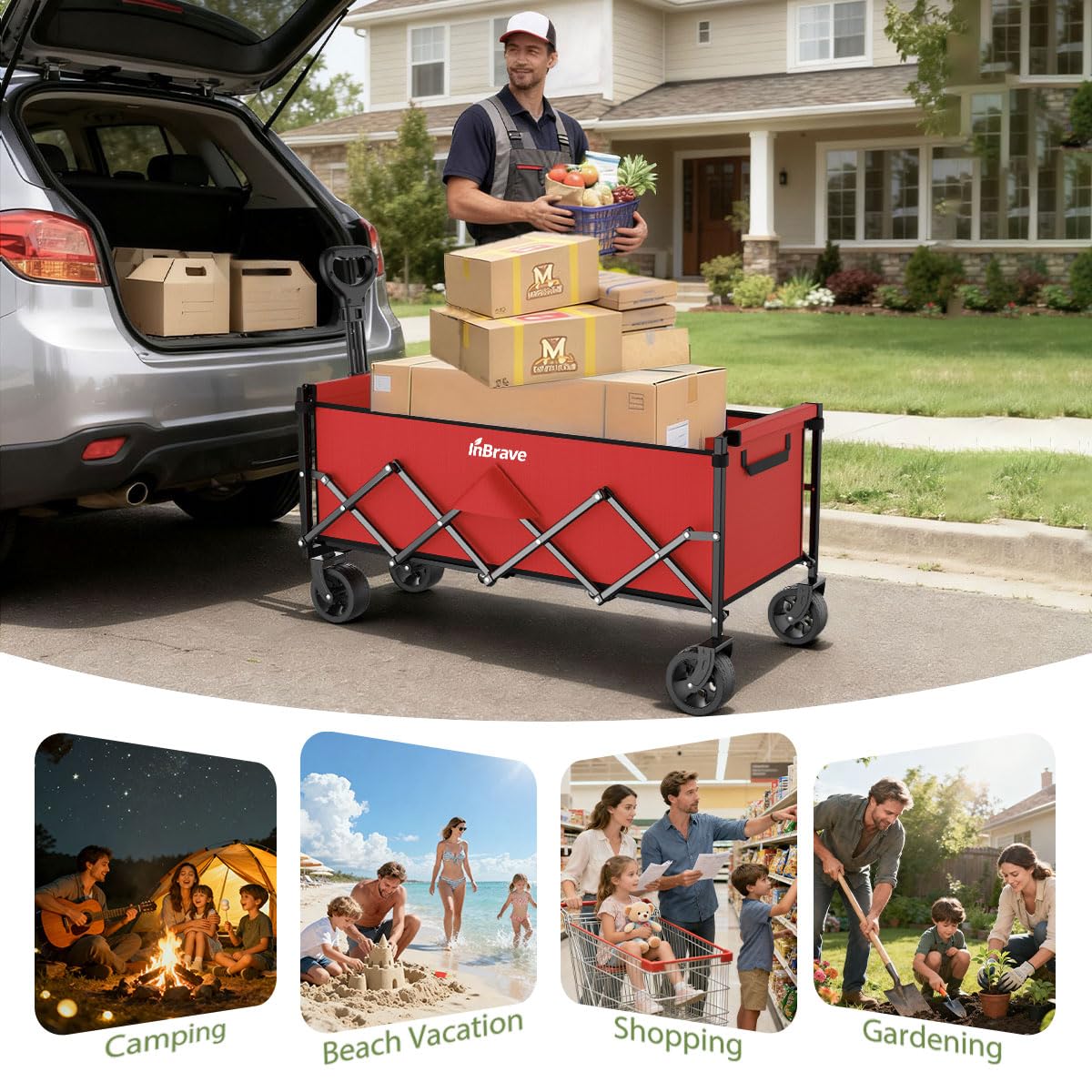 Extra Long Collapsible Wagon Cart, 480LBS Heavy Duty Utility Wagons with All-Terrain Wheels, Foldable Grocery Carts for Gardening, Shopping, Beach, Camping, Black