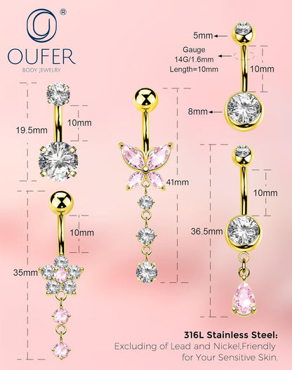 OUFER 5x Bauchnabelpiercings baumelnd – 14G Chirurgischer Stahl Bauchnabelpiercing, Hypoallergener Bauchnabelring mit Zirkonia Schmetterling Blume Tropfen Langhantel für Strand, Festival, Fitnessstudio